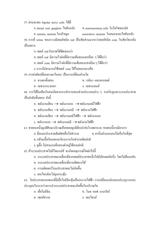 57. ท่านจะพบ bipolar nerve cells ได้ที่
          ก. dorsal root ganglion ไขสันหลัง      ข. neurosecretory cells ในไฮโพทลามัส
          ค. sensory neurons ในเบ้าจมูก          associative neurons ในสมองและไขสันหลัง
58. การที่ retina ของกวางมีเซลล์ชนิ ด rod เป็ นสัดส่ วนมากกว่าเซลล์ชนิด cone ในสัตว์พวกลิง
เป็ นเพราะ
          ก. เซลล์ rod รับภาพได้ชดเจนกว่า
                                    ั
          ข. เซลล์ rod มีความไวต่อที่มีความเข้มของแสงน้อย ๆ ได้ดีกว่า
          ค. เซลล์ cone มีความไวต่อที่มีความเข้มของแสงน้อย ๆ ได้ดีกว่า
          ง. กวางไม่สามารถใช้เซลล์ cone ได้ในตอนกลางคืน
59. การผ่าตัดเปลี่ยนดวงตาในคน เป็ นการเปลี่ยนส่ วนใด
          ก. ดวงตาทั้งสอง                        ข. เรตินา และคอรอยด์
          ค. เฉพาะกระจกตา                        ง. เฉพาะเลนส์
60. การได้ยนเสี ยงในคนเกิดจากการทํางานของส่ วนประกอบต่าง ๆ ภายในหูและระบบประสาท
               ิ
เป็ นลําดับขั้นตอน ดังนี้
          ก. พลังงานเสี ยง → พลังงานกล → พลังงานเคมีไฟฟ้ า
          ข. พลังงานเสี ยง → พลังงานเคมี → พลังงานไฟฟ้ า
          ค. พลังงานเสี ยง → พลังงานเคมีไฟฟ้ า → พลังงานกล
          ง. พลังงานกล → พลังงานเคมี → พลังงานไฟฟ้ า
61. ชายคนหนึ่งถูกตีศีรษะบริ เวณท้ายทอยญาติตองนําส่ งโรงพยาบาล ชายคนนี้อาจมีอาการ
                                               ้
          ก. มือและประสาทสัมผัสคลื่นไม่ทางานํ             ข. ตาเริ่ มมัวและมองไม่เห็นในที่สุด
          ค. กล้ามเนื้อเรี ยบของอวัยวะภานในทํางานผิดปกติ
                                         ่
          ง. หูอ้ือ ไม่สามารถยืนทรงตัวอยูได้ตามปกติ
62. ถ้าระบบประสาทไม่มีไซแนปส์ จะเกิดเหตุการณ์ใดต่อไปนี้
          ก. กระแสประสาทจะเคลื่อนที่จากเซลล์ประสาทหนึ่งไปยังอีกเซลล์หนึ่ง โดยไม่ยอนกลับ้
          ข. กระแสประสาทจะเคลื่อนที่สวนทิศทางได้
          ค. การผลิตฮอร์โมนประสาทจะไม่เกิดขึ้น
          ง. เดนไดรต์จะไม่ถูกกระตุน   ้
63. ใยประสาทแอกซอนที่มีเยื่อไมอีลินหุ ้มเป็ นฉนวนไฟฟ้ า การเปลี่ยนแปลงของประจุบวกและ
ประจุลบในระหว่างการนํากระแสประสาทจะเกิดขึ้นในบริ เวณใด
          ก. เยือไมอีลิน
                 ่                               ข. โนด ออฟ แรนเวียร์
          ค. เซลล์ชวาน                           ง. เดนไดรต์
 