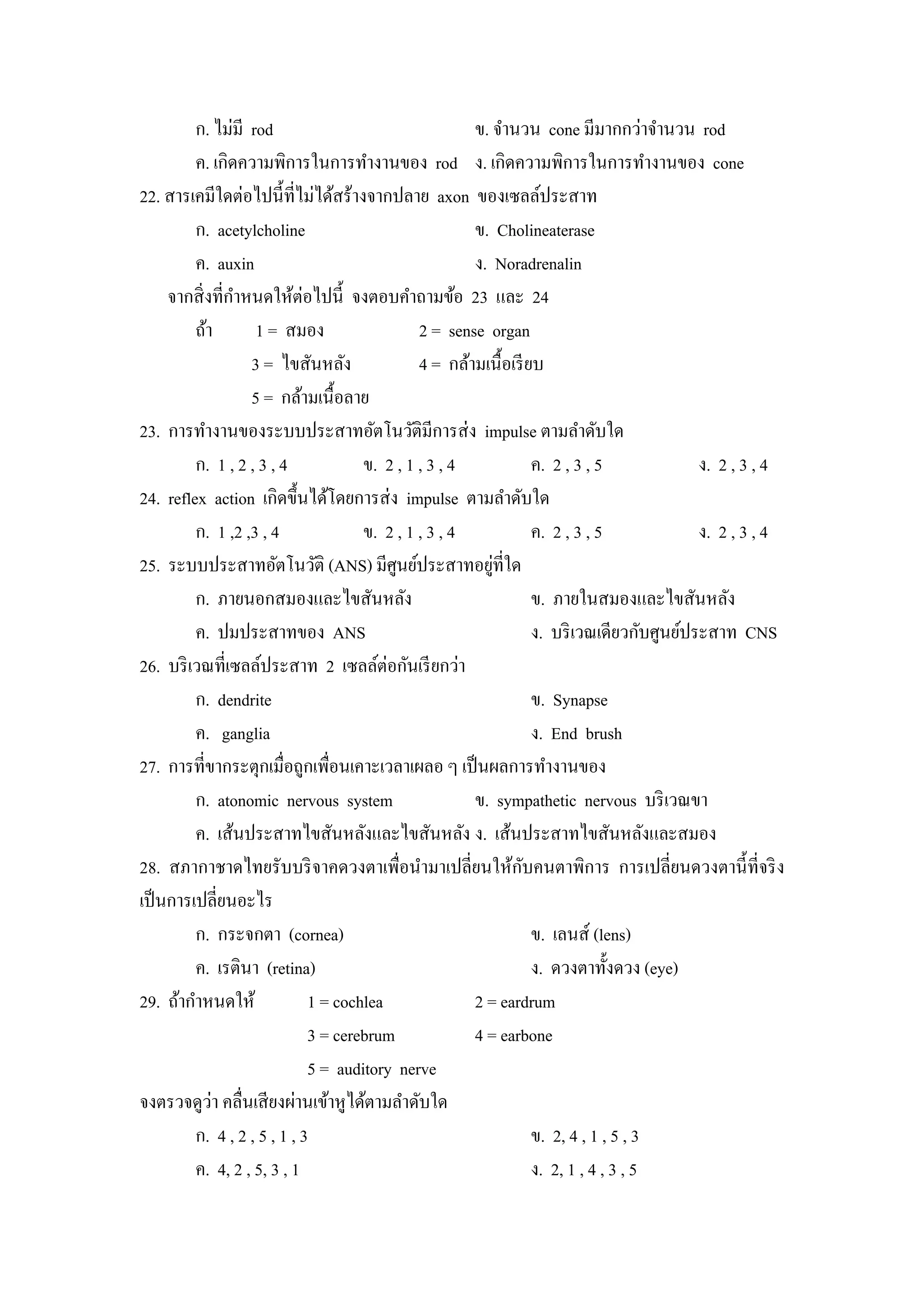 ก. ไม่มี rod                                 ข. จํานวน cone มีมากกว่าจํานวน rod
         ค. เกิดความพิการในการทํางานของ rod ง. เกิดความพิการในการทํางานของ cone
22. สารเคมีใดต่อไปนี้ที่ไม่ได้สร้างจากปลาย axon ของเซลล์ประสาท
         ก. acetylcholine                             ข. Cholineaterase
         ค. auxin                                     ง. Noradrenalin
     จากสิ่ งที่กาหนดให้ต่อไปนี้ จงตอบคําถามข้อ 23 และ 24
                 ํ
         ถ้า        1 = สมอง                  2 = sense organ
                   3 = ไขสันหลัง              4 = กล้ามเนื้อเรี ยบ
                   5 = กล้ามเนื้อลาย
23. การทํางานของระบบประสาทอัตโนวัติมีการส่ ง impulse ตามลําดับใด
         ก. 1 , 2 , 3 , 4            ข. 2 , 1 , 3 , 4            ค. 2 , 3 , 5             ง. 2 , 3 , 4
24. reflex action เกิดขึ้นได้โดยการส่ ง impulse ตามลําดับใด
         ก. 1 ,2 ,3 , 4              ข. 2 , 1 , 3 , 4            ค. 2 , 3 , 5             ง. 2 , 3 , 4
25. ระบบประสาทอัตโนวัติ (ANS) มีศูนย์ประสาทอยูที่ใด      ่
         ก. ภายนอกสมองและไขสันหลัง                               ข. ภายในสมองและไขสันหลัง
         ค. ปมประสาทของ ANS                                      ง. บริ เวณเดียวกับศูนย์ประสาท CNS
26. บริ เวณที่เซลล์ประสาท 2 เซลล์ต่อกันเรี ยกว่า
         ก. dendrite                                             ข. Synapse
         ค. ganglia                                              ง. End brush
27. การที่ขากระตุกเมื่อถูกเพื่อนเคาะเวลาเผลอ ๆ เป็ นผลการทํางานของ
         ก. atonomic nervous system                   ข. sympathetic nervous บริ เวณขา
         ค. เส้นประสาทไขสันหลังและไขสันหลัง ง. เส้นประสาทไขสันหลังและสมอง
                                                              ั
28. สภากาชาดไทยรับบริ จาคดวงตาเพื่อนํามาเปลี่ยนให้กบคนตาพิการ การเปลี่ยนดวงตานี้ ที่จริ ง
เป็ นการเปลี่ยนอะไร
         ก. กระจกตา (cornea)                                     ข. เลนส์ (lens)
         ค. เรตินา (retina)                                      ง. ดวงตาทั้งดวง (eye)
29. ถ้ากําหนดให้             1 = cochlea              2 = eardrum
                             3 = cerebrum             4 = earbone
                             5 = auditory nerve
             ่
จงตรวจดูวา คลื่นเสี ยงผ่านเข้าหูได้ตามลําดับใด
         ก. 4 , 2 , 5 , 1 , 3                                    ข. 2, 4 , 1 , 5 , 3
         ค. 4, 2 , 5, 3 , 1                                      ง. 2, 1 , 4 , 3 , 5
 