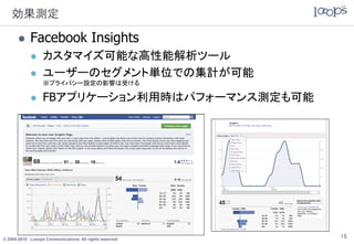 効果測定

           Facebook Insights
                 カスタマイズ可能な高性能解析ツール
                 ユーザーのセグメント単位での集計が可能
                  ※プライバシー設定の影響は受ける

                 FBアプリケーション利用時はパフォーマンス測定も可能




© 2005-2010 Looops Communications All rights reserved.
                                                         15
 