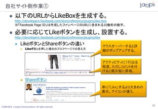 自社サイト側作業①
             以下のURLからLikeBoxを生成する。
              http://developers.facebook.com/docs/reference/plugins/like-box
              ※「Facebook Page ID」は作成したファンページのURLに含まれる10数桁の数字。

             必要に応じてLikeボタンを生成し、設置する。
              http://developers.facebook.com/docs/reference/plugins/like

                  LikeボタンとShareボタンの違い                                     マウスオーバーすると詳
                       Likeボタンを押した場合のプロフページでの見え方
                                                                           細がポップアップする。


                                                                           アクティビティに1行出る
                                                                           程度。ただしコメントを付
                                                                           けると掲示板に昇格。

                       Shareボタン
                                                                           単に「Like」するより大きめの
                                                                           表示。アイコンが違う。



© 2005-2010 Looops Communications All rights reserved.
                                                                                              18
 