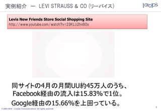 実例紹介 ー LEVI STRAUSS & CO (リーバイス)

       Levis New Friends Store Social Shopping Site
       http://www.youtube.com/watch?v=23KLU2hnB0s




          同サイトの4月の月間UU約45万人のうち、
          Facebook経由の流入は15.83%で1位。
          Google経由の15.66%を上回っている。                        7
© 2005-2010 Looops Communications All rights reserved.
 