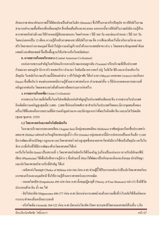 อักษรภาพ ต่อมาอักษรภาพนี้ ได้ดดแปลงเป็ นตัวเดโมติก (Demotic) ซึ่งใช้ในภาษากรี กปัจจุบน ชาวอียปต์โบราณ
                                     ั                                                            ั        ิ
สามารถคานวณพื้นที่ของสี่ เหลี่ยมจตุรัส สี่ เหลี่ยมผืนผ้าและทรงกลม นอกจากนี้ชาวอียปต์โบราณยังมีความรู ้ดาน
                                                                                            ิ                    ้
ดาราศาสตร์ อย่างดี และได้กาหนดปฏิทินของตนเอง โดยกาหนด 1 ปี มี 360 วัน และต่อมากาหนด 1 ปี มี 365 วัน
โดยแบ่งออกเป็ น 12 เดือน ความรู้ดานชีวภาพของชาวอียิปต์โบราณ คือ การศึกษาค้นคว้าเกี่ยวกับกายวิภาค และ
                                         ้
สรี รวิทยาของร่ างกายมนุษย์ ซึ่ งนาไปสู่ ความเจริ ญก้าวหน้าด้านการแพทย์สาขา ต่าง ๆ โดยเฉพาะจักษุแพทย์ ทันต
แพทย์ และศัลยแพทย์ ซึ่ งเป็ นพื้นฐานให้แก่ชาวกรี กในสมัยต่อมา
       ค. อารยธรรมในอเมริกากลาง (Central American Civilization)
       แหล่งอารยธรรมสาคัญในทวีปอเมริ กากลางบริ เวณแหลมยูกาตัน (Yucatan) หรื อบริ เวณที่เป็ นประเทศ
กัวเตมาลา ฮอนดูรัส นิการากัว คอสตาริ กา ปานามา โคลัมเบีย เอกวาดอร์ เปรู โบลิเวีย ชิลี และอาร์เจนตินาใน
                                                            ่
ปัจจุบน ในสมัยโบราณบริ เวณนี้มีชนเผ่าต่าง ๆ เข้าไปอยูอาศัย ได้แก่ มายา (Mayas) แอสแทค (Aztecs) และอินคา
         ั
(Incas) ซึ่ งเชื่อกันว่า ชนเผ่าแอสเทคมีความรู ้ดานดาราศาสตร์ มาก ส่ วนชนเผ่าอื่น ๆ ก็มีร่องรอยของอารยธรรมที่
                                                  ้
เจริ ญมากเช่นกัน โดยเฉพาะอย่างยิงด้านสถาปั ตยกรรมการก่อสร้าง
                                       ่
       ง. อารยธรรมในเอเซีย (Asian Civilization)
                                                                  ่
       อารยธรรมโบราณที่เกิดขึ้นในทวีปเอเซี ยมีแหล่งสาคัญอยูในประเทศอินเดียและจีน อารยธรรมในประเทศ
อินเดียมีความเจริ ญสู งสุ ดเมื่อ 3,000 - 2,000 ปี ก่อนคริ สตศักราช สาหรับในประเทศไทยเอง มีการขุดพบสิ่ งของ
เครื่ องใช้ที่แสดงถึงอารยธรรมที่มีความเจริ ญอย่างมาก และมีอายุมากกว่าที่พบในอินเดีย จีน และเมโสโปเตเมีย
(สุ เมธ ชุมสาย. 2529)
       1.2 วิทยาศาสตร์ และเทคโนโลยีสมัยกรีก
       ในอาณาบริ เวณรอบทะเลเอเจียน (Aegean Sea) มีกลุ่มชนเฮลเลียน (Hellenes) อาศัยอยูและเรี ยกชื่อประเทศว่า
                                                                                                ่
เฮลลาส (Hellas) แต่คนส่ วนใหญ่เรี ยกชนกลุ่มนี้วา กรี ก (Greeks) กลุ่มชนพวกนี้มีการปกครองเป็ นแคว้นเล็ก ๆ และ
                                                     ่
มีการพัฒนาด้านปรัชญา กฎหมาย และวิทยาศาสตร์ อย่างสู งสุ ดซึ่ งหลายสาขาวิชายังมีการใช้จนถึงปั จจุบน แคว้นใน    ั
จักรวรรดิ์กรี กที่ได้มีการพัฒนาด้านวิทยาศาสตร์ ได้แก่
แคว้นไอโอเนีย (Ionia) เป็ นสถานที่ ๆ วิทยาศาสตร์ สมัยกรี กได้เริ่ มเจริ ญ รุ่ งเรื องเป็ นแห่งแรก ชาวกรี กมีอกษรฟี นิ
                                                                                                               ั
เชียน (Phaenician) ใช้เพื่อบันทึกความรู ้ต่าง ๆ ซึ่ งอักษรนี้ ต่อมาได้พฒนาเป็ นอักษรละตินและอังกฤษ นักปรัชญา
                                                                       ั
และนักวิทยาศาสตร์ชาวกรี กที่สาคัญ ได้แก่
       - เทลิสแห่งไมเลตุส (Thales of Milletus 636-546 ก่อน ค.ศ) ท่านผูน้ ีได้รับการยกย่องว่าเป็ นนักวิทยาศาสตร์ คน
                                                                         ้
แรกของกรี กและมนุษย์ชาติ ซึ่งให้ความรู้ดานดาราศาสตร์ และเรขาคณิ ต
                                              ้
       - เอมเพโดคลีส (Empedocles 495-430 ก่อน ค.ศ) ตั้งทฤษฎีธาตุสี่ (Theory of Four Humours) กล่าวว่า สิ่ งมีชีวต     ิ
ประกอบด้วย ดิน น้ า ลม ไฟ
                                                                                                    ่
       - ฮิปโปเครตีส (Hippocrates 490-377 ก่อน ค.ศ) บิดาแห่งการแพทย์ ลบล้างความเชื่อที่วาโรคภัยไข้เจ็บเกิดจาก
การกระทาของสิ่ งเหนือธรรมชาติ
       - อริ สโตเติล (Aristotle 384-322 ก่อน ค.ศ) บิดาแห่งวิชาสัตววิทยา ธรรมชาติวทยาและศาสตร์ดานอื่น ๆ อีก
                                                                                          ิ              ้
เรี ยบเรี ยงโดยชิตชัย โพธิ์ประภา                                                                               หน้า 17
 
