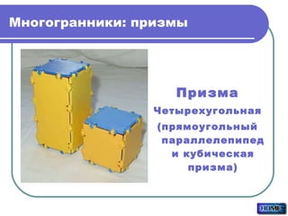 Многогранники: призмы Призма Четырехугольная (прямоугольный параллелепипед и кубическая призма) 