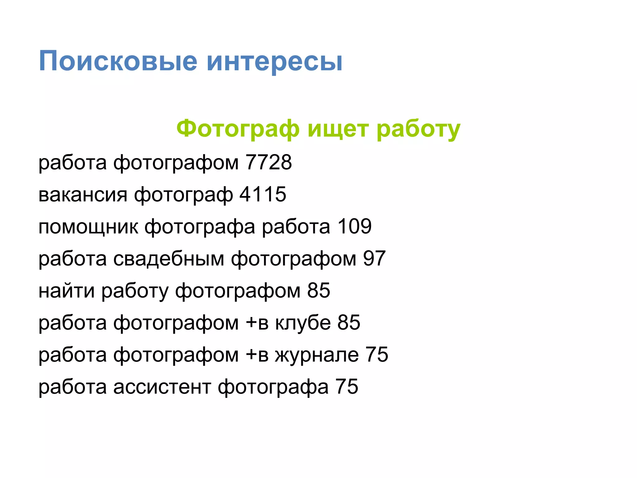 Поисковые интересы Фотограф ищет работу работа фотографом 7728 вакансия фотограф 4115 помощник фотографа работа 109 работа свадебным фотографом 97 найти работу фотографом 85 работа фотографом +в клубе 85 работа фотографом +в журнале 75 работа ассистент фотографа 75 