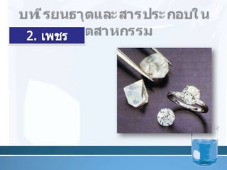 บทเรียนธาตุและสารประกอบในอุตสาหกรรม2. เพชร             เพชร เป็นธาตุคาร์บอนที่บริสุทธิ์มีความแข็งแรงมากที่สุด เพชรที่ดีจะต้องไม่มีสี15