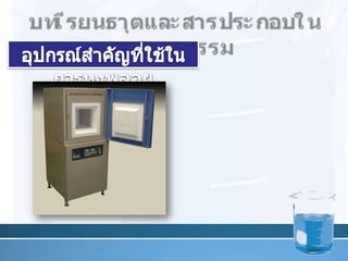 บทเรียนธาตุและสารประกอบในอุตสาหกรรมอุปกรณ์สำคัญที่ใช้ในการหุงพลอย	1.  เตาเผาพลอย ปัจจุบันที่นิยมใช้มีหลากหลายชนิดตั้งแต่ราคาถูกไปจนถึงราคาแพงได้แก่ เตาไฟฟ้า เตาแก๊ส เตาน้ำมันเป็นต้น แต่ที่นิยมใช้มากที่สุดในปัจจุบันคือเตาไฟฟ้า21