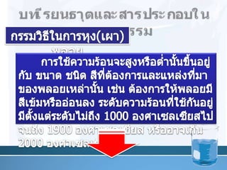 บทเรียนธาตุและสารประกอบในอุตสาหกรรมกรรมวิธีในการหุง(เผา)พลอยการใช้ความร้อนจะสูงหรือต่ำนั้นขึ้นอยู่กับ ขนาด ชนิด สีที่ต้องการและแหล่งที่มาของพลอยเหล่านั้น เช่น ต้องการให้พลอยมีสีเข้มหรืออ่อนลง ระดับความร้อนที่ใช้กันอยู่มีตั้งแต่ระดับไม่ถึง 1000 องศาเซลเซียสไปจนถึง 1900 องศาเซลเซียส หรืออาจเกิน 2000 องศาเซลเซียส25