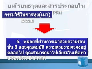 บทเรียนธาตุและสารประกอบในอุตสาหกรรมกรรมวิธีในการหุง(เผา)พลอย6.  พลอยที่ผ่านการเผาด้วยความร้อนนั้น สี และคุณสมบัติ ความสวยงามจะคงอยู่ตลอดไป คุณสามารถนำไปเจียระไนเพื่อทำเครื่องประดับได้ทันที27