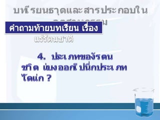 บทเรียนธาตุและสารประกอบในอุตสาหกรรมคำถามท้ายบทเรียน เรื่อง แร่รัตȨาติ32	4. ประเภทของรัตนชาติ แบ่งออกเป็นกี่ประเภทได้แก่ ?