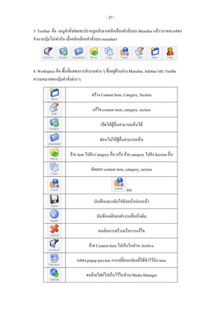 - 27 -

3. Toolbar คือ เมนูคําสั่งยอยจะปรากฏหลังจากคลิกเลือกคําสั่งบน Menubar แลว (อาจจะแสดง
จํานวนปุมไมเทากัน เมื่อคลิกเลือกคําสั่งบน menubar)




4. Workspace คือ พื้นที่แสดงการทํางานตาง ๆ ซึ่งอยูดานลาง Menubar, Infobar และ Toolba
ความหมายของปุมคําสั่งตาง ๆ

                                   สราง Content Item, Category, Section

                                    แกไข content item, category, section

                                         เปดใหผูอื่นสามารถเห็นได

                                         ซอนไมใหผูอนสามารถเห็น
                                                       ื่

                      ยาย item ไปยัง Category อื่น หรือ ยาย category ไปยัง Section อื่น

                                   คัดลอก content item, category, section


                                                          ลบ
                                     บันทึกและกลับไปยังหนากอนหนา

                                       บันทึกแตยังคงทํางานที่หนาเดิม

                                        ยกเลิกการสรางหรือการแกไข

                                  ยาย Content Item ไปเก็บในสวน Archive

                          แสดง popup preview การเปลี่ยนแปลงทีไดทําไวกับ item
                                                             ่

                                ขนยายไฟลไปเก็บไวในสวน Media Manager
 