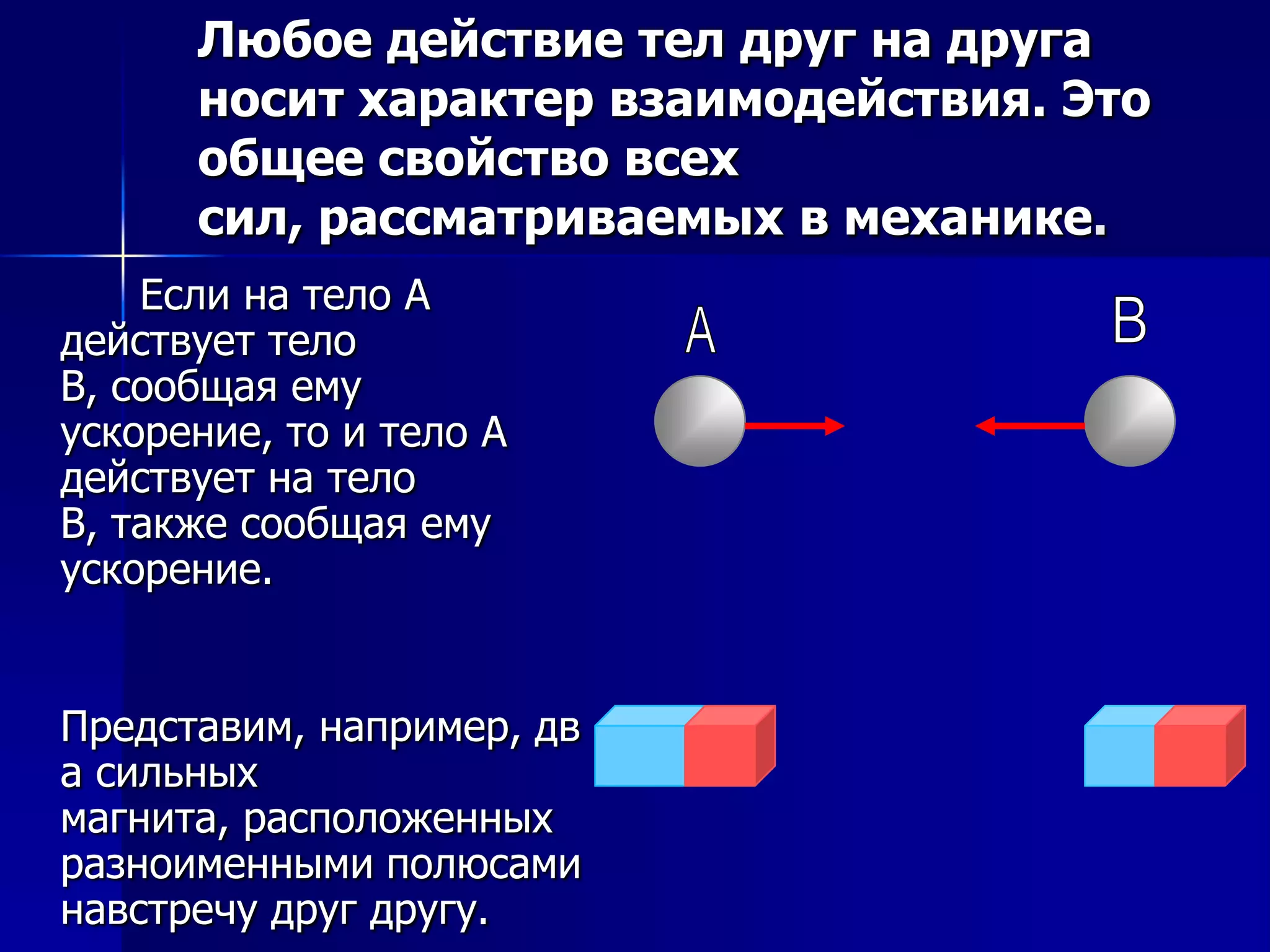 Третий закон динамикиСилы, с которыми тела действуют друг на друга, равны по модулю и направлены по одной прямой в противоположные стороны.F1,2= -F2,1