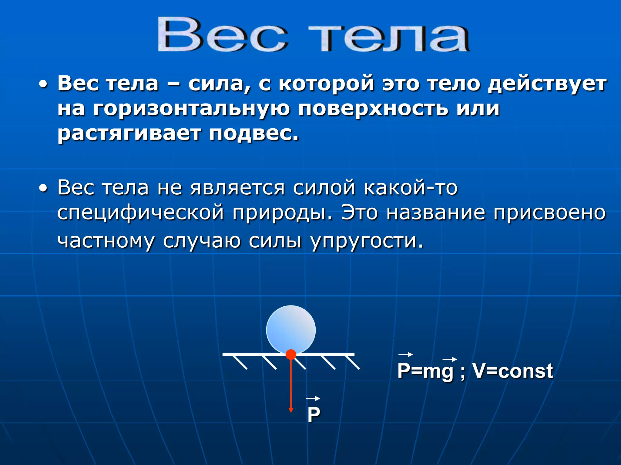 Особенности веса тела: - направлен из точки соприкосновения перпендикулярно опоре;- значение зависит от ускорения, с которым движется опора. ууNNааРРP=m(a+g)  - при ускоренномдвижении вверх значениевеса увеличиваетсяP=m(g-a)  - при ускоренномдвижении вниз значениевеса уменьшаетсяЕсли ускорение тела при движении вниз равно ускорению свободного падения, то наступает состояние невесомости, т.е. Р=0 