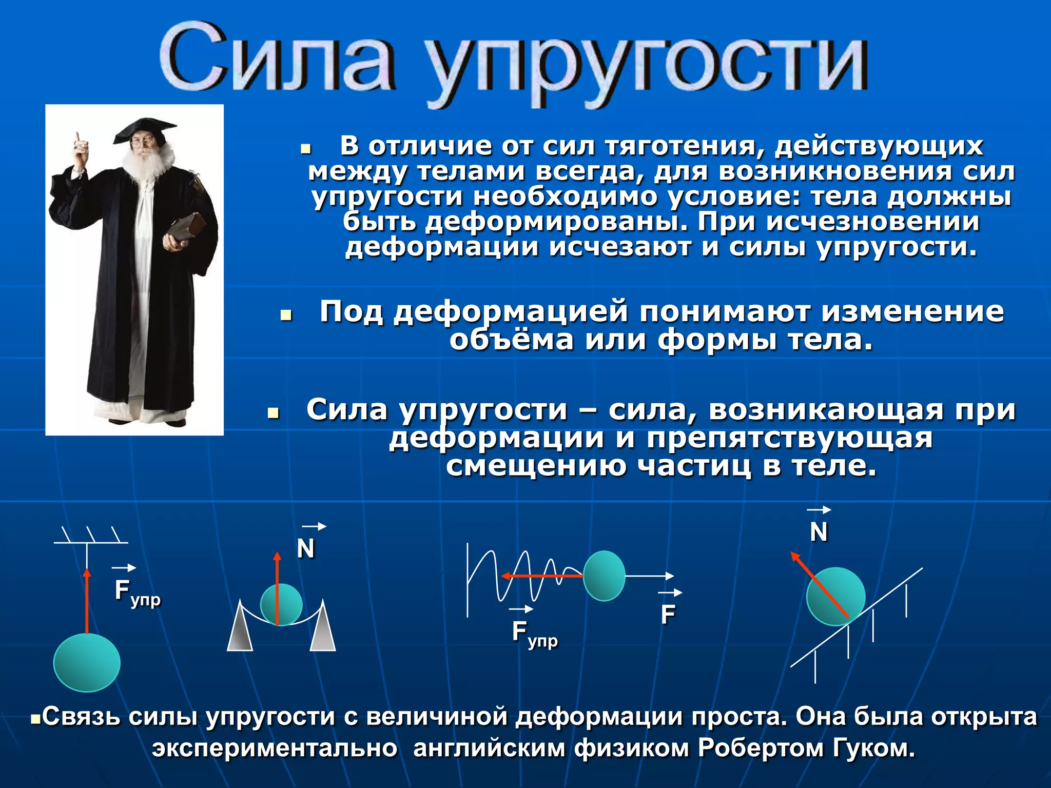 Закон ГукаПри упругой деформации растяжения(или сжатия) модуль силы упругости прямо пропорционален абсолютному значению изменения длины.F=k  x   или  F=-k  x 