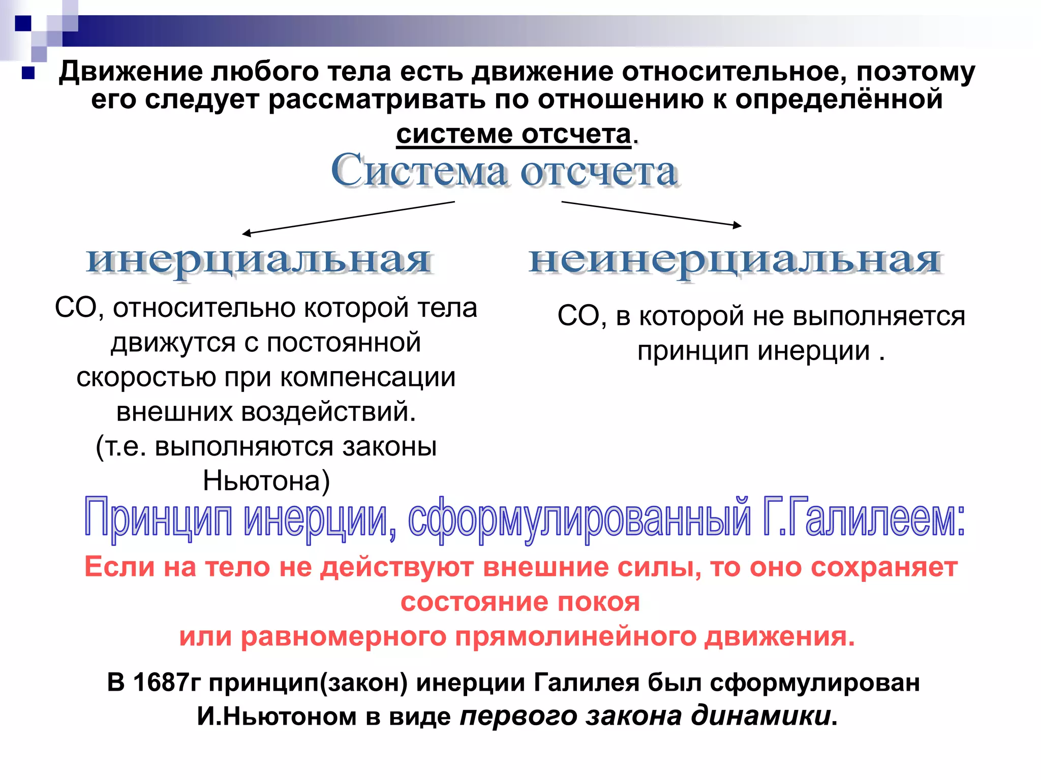 Движение любого тела есть движение относительное, поэтому его следует рассматривать по отношению к определённой системе отсчета. Система отсчетаинерциальнаянеинерциальнаяСО, относительно которой тела движутся с постоянной скоростью при компенсации внешних воздействий.(т.е. выполняются законы Ньютона)СО, в которой не выполняется принцип инерции . Принцип инерции, сформулированный Г.Галилеем:Если на тело не действуют внешние силы, то оно сохраняет состояние покоя или равномерного прямолинейного движения. В 1687г принцип(закон) инерции Галилея был сформулирован И.Ньютоном в виде первого закона динамики.