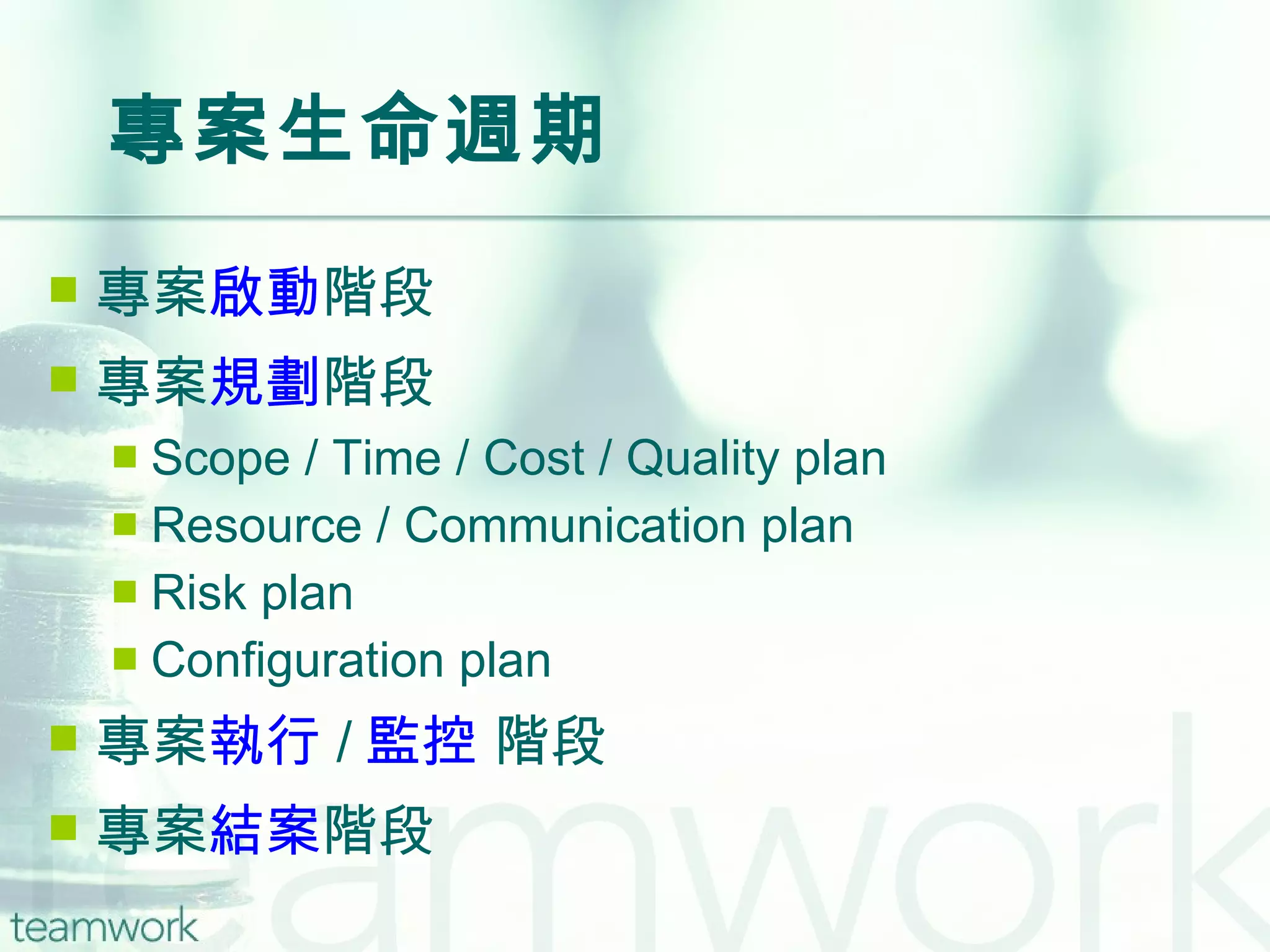 專案生命週期 專案 啟動 階段 專案 規劃 階段 Scope / Time / Cost / Quality plan Resource / Communication plan Risk plan Configuration plan 專案 執行 / 監控  階段 專案 結案 階段 