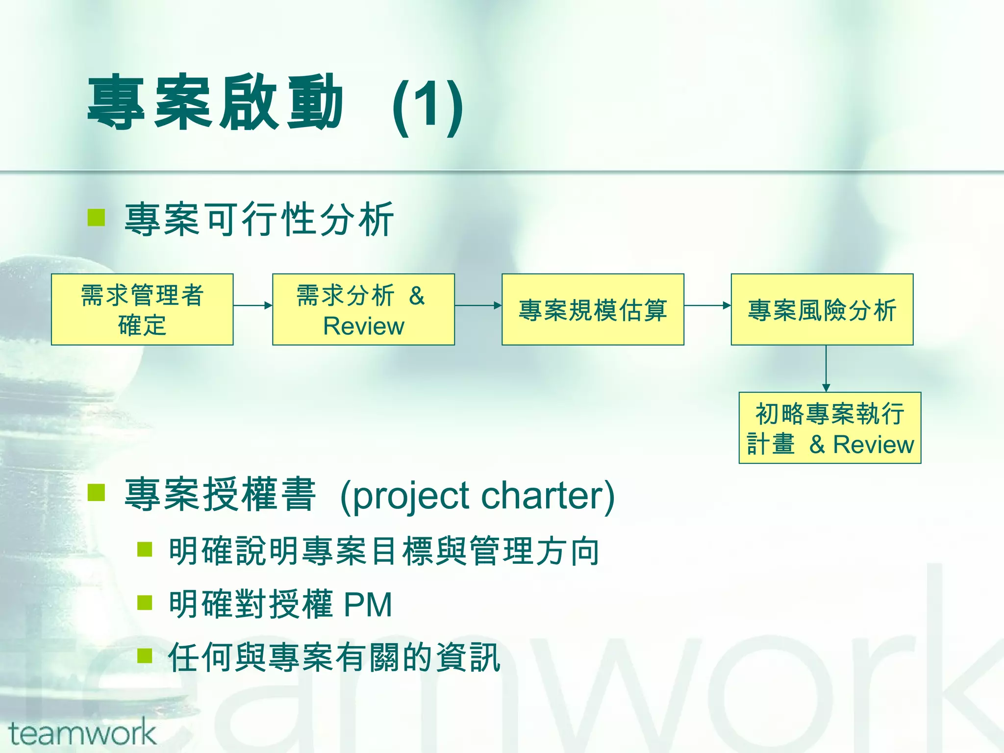 專案啟動  (1) 專案可行性分析 專案授權書  (project charter) 明確說明專案目標與管理方向 明確對授權 PM 任何與專案有關的資訊 需求管理者 確定 需求分析  &  Review 專案規模估算 專案風險分析 初略專案執行 計畫  & Review 