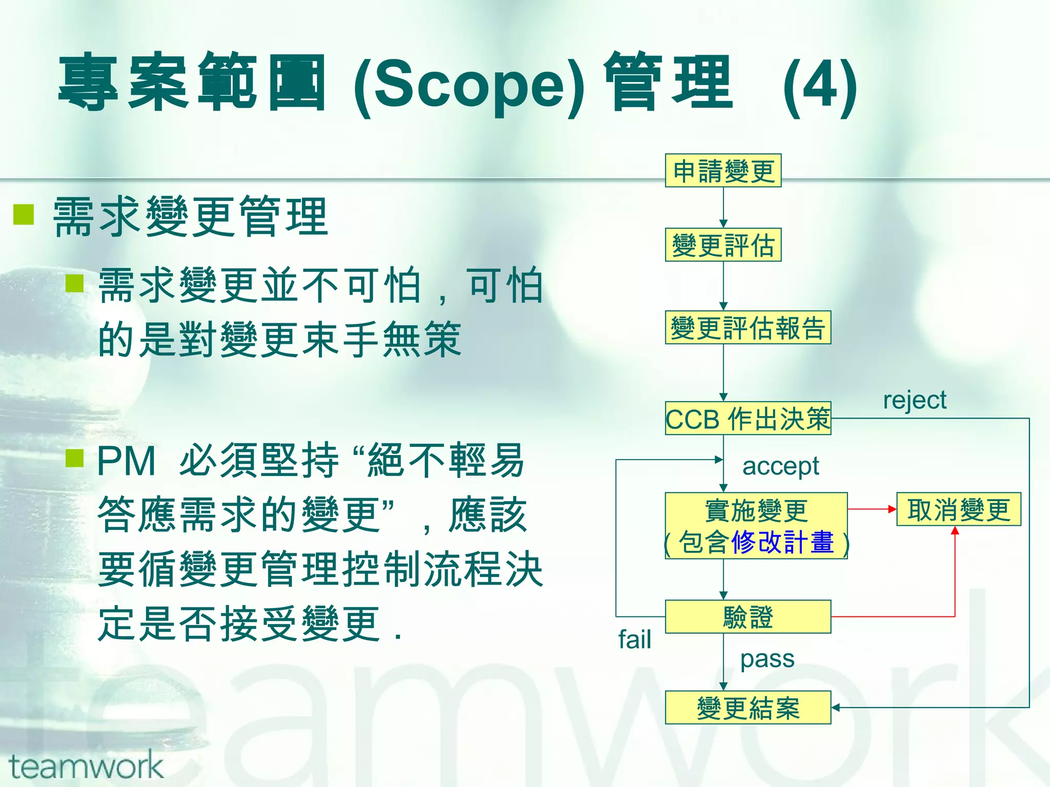 專案範圍 (Scope) 管理  (4) 需求變更管理 需求變更並不可怕，可怕的是對變更束手無策 PM  必須堅持 “絕不輕易答應需求的變更” ，應該要循變更管理控制流程決定是否接受變更 . 申請變更 變更評估 變更評估報告 CCB 作出決策 實施變更 ( 包含 修改計畫 ) 變更結案 取消變更 驗證 pass fail accept reject 