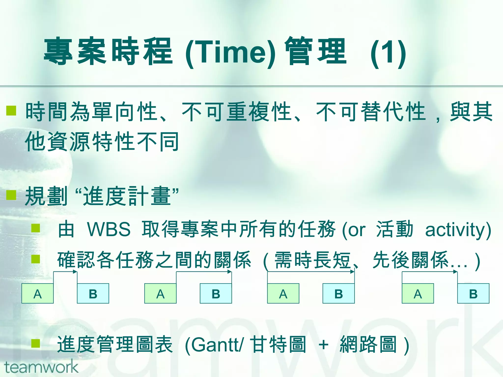 專案時程 (Time) 管理  (1) 時間為單向性、不可重複性、不可替代性，與其他資源特性不同 規劃 “進度計畫” 由  WBS  取得專案中所有的任務 (or  活動  activity) 確認各任務之間的關係  ( 需時長短、先後關係… ) 進度管理圖表  (Gantt/ 甘特圖  +  網路圖 ) A B A B A B A B 