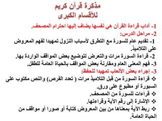 ‫1- آداب قزاءج انقزآٌ هٍ َفضها َؼاف إنُها احتزاو انًظحف.‬
                                                       ‫2- يزاحم انذرس:‬
   ‫1- تقذَى ػاو نهضىرج يغ انتطزق ْصثاب انُزول تًهُذا نفهى انًؼزوع‬
                                                           ‫ػهً انتاليُذ.‬
    ‫2- قزاءج انضىرج يزاخ وانتؼزع نتىػُغ تؼغ انًىاقف انىاردج تها.‬
          ‫3- فهى انًؼًُ انؼاو ويقارَح تؼغ انًىاقف تانحُاج انؼايح نهطفم.‬
                                    ‫3- إجزاء تؼغ اْنؼاب تًهُذا نهحفظ:‬
‫‪ ‬قزاءج انضىرج يٍ قثم انتاليُذ يزاخ ( تؼذد انفزص) وانُض يكتىب ػهً‬
                                            ‫انضثىرج أو يطثىع ػهً ورق.‬
                                         ‫‪ ‬قزاءاخ نهضىرج يٍ انًظحف.‬
                                       ‫‪ ‬اإلشارج إنً رقى اَِح وقزاءتها.‬
      ‫‪ ‬رتط اَِح تًؼُاها يٍ تٍُ انًؼزوع كتاتح أو طىرا أو يىاقف يٍ‬
                                                           ‫انحُاج انؼايح.‬
 