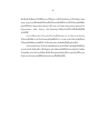 29


เป็ นซัลเฟต ซึ่ งพืชจะนําไปใช้เป็ นอาหารได้โดยตรง แต่ถาในดิ นเกิ ดสภาวะไร้ ออกซิ เจน Sulfur
                                                            ้
fixing bacteria จะเปลี่ยนซัลเฟตให้กลายเป็ นไฮโดรเจนซัลไฟด์ใหม่ จากนั้นไฮโดรเจนซัลไฟด์จะ
ถูกแบคทีเรี ยพวก Photosynthetic Bacteria (เช่น Green and Purple Photosynthetic Bacteria) และ
Chemosynthetic Sulfur Bacteria (เช่น Thiobacillus) เปลี่ยนสภาพให้กลายเป็ นซัลเฟตซึ่ งพืช
นําไปใช้ได้
         จากการศึ ก ษาพบว่ า ในแหล่ ง นํ้ ากร่ อยที่ เกิ ดมลภาวะ จะเกิ ดการสะสมของ
ไฮโดรเจนซัลไฟด์มาก และในบริ เวณทะเลดําจุดที่ลึกตํ่ากว่า 150 เมตร จะพบว่ามีความเข้มข้นของ
                                                                             ่
ไฮโดรเจนซัลไฟด์และกรดซัลฟิ วริ ก ในปริ มาณมากพอๆ กับซัลเฟอร์ที่อยูในรู ปแบบอื่นๆ
         นอกจากธาตุคาร์บอน ไนโตรเจน ฟอสฟอรัสและกํามะถัน ซึ่งมีความสําคัญต่อสิ่ งมีชีวิตใน
ระบบนิ เวศแล้ว ยังมี ธาตุ อื่นๆ ที่ สําคัญต่ อการดํารงชี พของสิ่ งมี ชีวิตอี กหลายชนิ ดเช่ น โซเดี ยม
โปแตสเซี ยม แมงกานี ส แมกนี เซี ยม เป็ นต้น ซึ่ งธาตุแต่ละชนิ ดต่างก็มีการหมุนเวียนใช้ในระบบ
นิเวศระหว่างส่ วนประกอบที่มีชีวิตกับส่ วนประกอบที่ไม่มีชีวิตทั้งสิ้ น
 