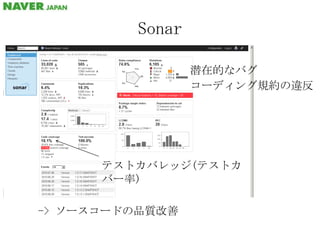 Sonar潜在的なバグコーディング規約の違反テストカバレッジ(テストカバー率)-> ソースコードの品質改善