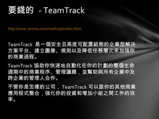 http://www.serena.com/mashups/index.html TeamTrack  是一個安全且高度可配置組態的企業型解決方案平台、建立圖像、規則以及降低任務層次來加強你的商業過程。 TeamTrack 協助你快速地自動化在你的計劃的整個生命週期中的商業程序、管理議題，並幫助與所有企業中及跨企業的管理人合作。 不管你是怎樣的公司， TeamTrack 可以跟你的其他商業應用程式整合，強化你的投資和增加小組之間工作的效率。  要錢的  - TeamTrack 
