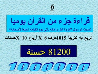 6 الربع به تقريباً  1015 حرف   X  8  أرباع  X  10 حسنات 1 0 0 0 0 0 0 قراءة جزء من القرآن يوميا لحديث الرسول ”إقرؤا القرآن فإنه يأتي يوم القيامة شفيعاً لأصحابه“ 81200  حسنة 