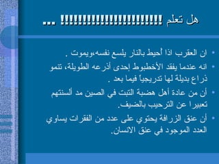 هل تعلم  !!!!!!!!!!!!!!!!!!!!!!! ... ان العقرب اذا أُحيط بالنار يلسع نفسه،ويموت  . انه عندما يفقد الأخطبوط إحدى أذرعه الطويلة، تنمو ذراع بديلة لها تدريجياً فيما بعد  .  أن من عادة أهل هضبة التبت في الصين مد ألسنتهم تعبيرا عن الترحيب بالضيف .  أن عنق الزرافة يحتوي على عدد من الفقرات يساوي العدد الموجود في عنق الانسان .  