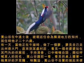 黃山谷在中進士後，被朝廷任命為蕪湖地方的知州，   就任時他才二十六歲。  有一天，當他正在午寐時，做了一個夢，   夢見自己走出州衙大門，直來到某處村莊，   看見一個老婆婆站在其門外的供案前，   手持清香，口中喃喃自語，類似呼喊某人的姓名，   黃山谷趨前一看，看見供桌上擺著一碗煮好的芹菜麵，   味飄溢，黃山谷不自覺的端起來便吃，   