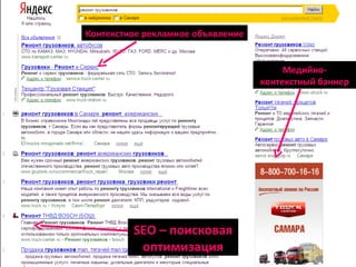 SEO –  поисковая оптимизация Контекстное рекламное объявление Медийно-контекстный баннер 
