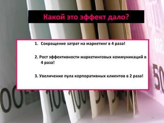 Какой это эффект дало? Сокращение затрат на маркетинг в 4 раза! 2. Рост эффективности маркетинговых коммуникаций в 4 раза! 3. Увеличение пула корпоративных клиентов в 2 раза! 