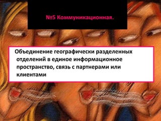 № 5 Коммуникационная.  Объединение географически разделенных отделений в единое информационное пространство, связь с партнерами или клиентами 