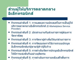 ส่วนผู้ให้บริการตลาดกลางอิเล็กทรอนิกส์ กิจกรรมลำดับที่   1:  การแสดงความประสงค์ในการเป็นผู้ให้บริการตลาดกลางอิเล็กทรอนิกส์  ( E-Marketplace Service Provider ) กิจกรรมลำดับที่  2:   ประสานงานกับส่วนราชการผู้ต้องการจัดหาพัสดุ กิจกรรมลำดับที่  3:  การจัดหาผู้ค้าเพิ่มให้แก่ส่วนราชการ กิจกรรมลำดับที่  4:  การจัดอบรมการใช้งานระบบประมูลอิเล็กทรอนิกส์แก่ผู้ขาย / ผู้ค้า / ผู้รับจ้าง กิจกรรมลำดับที่  5:  การดำเนินจัดการประมูลอิเล็กทรอนิกส์ให้มีการแข่งขันกันอย่างยุติธรรม กิจกรรมลำดับที่  6:   การดำเนินการภายหลังเสร็จสิ้นการประมูลอิเล็กทรอนิกส์ 