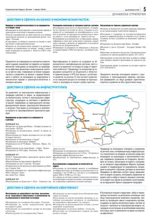Строителство Градът, 26 юли - 1 август 2010 г.                                                                                                 sg.stroitelstvo.info
                                                                                                                                                                      5
                                                                                                                               ДУНАВСКА СТРАТЕГИЯ
 ДЕЙСТВИЯ В СФЕРАТА НА БИЗНЕС И ИКОНОМИЧЕСКИЯ РАСТЕЖ:
Подкрепа за конкурентоспособността на предприятия-       Пълноценно използване на човешкия капитал в региона Насърчаване на туризма и дунавската култура
та в общия пазар                                         •Подобряване качеството на образованието, отговаря-     •Развитие на балканските културни коридори и формира-
•Изграждане на индустриални и технологични паркове и     що на търсенето на пазара на труда, създаване на въз-   не на специализирани туристически маршрути
транспортно-логистични и панаирни центрове               можности за повишаване на квалификацията и усло-
•Участие в разработване на обща стратегия за устойчиво   вия за развитие на приложно-изследователска и науч-     •Изследване и съхранение на културно-историческите
териториално развитие на трансграничния регион Бъл-      на дейност с оглед трансфера на знания и ноу-хау        реликти и природни ресурси по поречието на р. Дунав и
гария – Румъния                                          •Подобряване на възможностите за образование, преква-   създаване на база за развитие на иновативен туризъм в
•Стимулиране устойчивото развитие на малкия и сред-      лификация и учене през целия живот в региона с акцент   региона
ния бизнес в трансграничния регион                       върху опазване и развитие на природното и културното    •Изграждане на Дунавски парк Видин - Калафат
•Развитие на изследователския капацитет на региона в     наследство на Дунавския регион
                                                         •Повишаване на капацитета на общинските и областни-     •Велоалея в частта Румъния – България Danube Velo
подкрепа на инициативата на водещи пазари с акцент                                                               Route
върху изграждане на уменията в областта н ИКТ и еко-     те администрации и НПО във връзка с устойчивото раз-
технологиите.                                            витие.                                                  •Проучване на римското наследство в Дунавския регион
                                                                                                                 и развитие на туризма (разработен проект, 2011-2013)
                                                                                                                 •Организиране на ежегоден фестивал на рибата и рибар-
                                                                                                                 ските обичаи и занаяти и промотиране на туризма по Ду-
Приоритетът за стимулиране на търговията и инвести-      Идентифицирани са проекти за създаване на об-           нава
циите съдържа инициативи за подкрепа на предпри-         разователни и квалификационни центрове, както и
                                                                                                                 Трансгранични мрежи за развитие на културен туризъм
емачество, повишаване на капацитета за провежда-         проекти за маркетинг на пазара на труда и студент-      (CUL-TOUR-NET).
не на ефективна финансова и инвестиционна полити-        ската мобилност. Предвиждат се инициативи за по-
ка на местно ниво, стимулиране на бизнес сътрудни-       вишаване капацитета на общинските и областни-
чеството и развитието на малкия и средния бизнес,        те администрации и НПО във връзка с устойчиво-          Приоритетът включва интегрирани проекти с тран-
както и проекти за изграждане на индустриални и          то развитие на региона. В този контекст развитие-       сграничен и транснационален характер, насочени
технологични паркове и транспортно-логистични и          то на човешките ресурси се основава на партньор-        към формирането на обща дунавска туристическа
панаирни центрове.                                       ството и трансфера на знания и добри практики           стратегия и развитие на общ туристически пазар.

 ДЕЙСТВИЯ В СФЕРАТА НА ИНФРАСТРУКТУРАТА
За развитието на транспортната инфраструктура e
предвиден комплекс от мерки, за модернизацията
на железопътната, пътната и пристанищната инфра-
структура, изграждане на мостовете и фериботни-
те връзки, подобряване на навигационните системи,
функционалните връзки, транспортната безопасност
и сигурност. Тези мерки са интегрирани в комплекс-
ни проекти по трансевропейските транспортни кори-
дори
Подобряване на достъпността и мобилността
в региона

КОРИДОР №4
•Втори мост на Дунав при Видин – Калафат (в процес на
изпълнение - ИСПА)
•Изграждане на автомагистрала „Люлин” (в процес на
изпълнение)
•Реконструкция на Северен околовръстен път на София
(Северна тангента)
•Изграждане на автомагистрала „Струма”
•Изграждане на магистрала „Марица”
•Първокласен път (Е79) Видин – Монтана – Враца – Бо-
тевград
•Реконструкция на жп линия Видин – София – Кулата     линия към него                                             Предвижда се интегрирано планиране и управление
•Изграждане на АМ София - Калотина - Ниш.             •Изграждане на интермодален терминал Русе                  на речната зона с интервенции върху инфраструктура-
                                                      •Изграждане на четирилентов път I-5 Русе – В.Търново и
КОРИДОР №7                                                                                                       та и технологиите за опазване на околната среда като
                                                      прилежаща инфраструктура към него
•TEN-T (Трансевропейска транспортна мрежа) проект •Рехабилитация на транспортната инфраструктура за              изграждане на канализация и пречиствателни стан-
№18 (за р.Дунав);                                     ТГС.                                                       ции, съвременно управление на отпадъците, пречист-
•Реконструкция на пристанища и фериботи                                                                          ване на почвата, пречистване на водите и осигурява-
• Изграждане на мост Силистра - Кълъраш               Възстановяване и поддържане на качеството на               не на питейното водоснабдяване. Мерките отразяват
•Първокласни пътни връзки към пристанищата на Нико- водите
                                                                                                                 нуждите от модернизация на съоръженията, изграж-
пол, Свищов, Лом                                      •Изпълнение на интегрирани проекти за подобряване
•Дунавски панорамен път - прилежаща инфраструктура. на инфраструктурата за питейни и отпадъчни води за аг-       дане на капацитет и обучение, доставка на техническо
•Мост Оряхово - Бекет                                 ломерации с над 10 000 е.ж. (124 бр.) и за агломерации     оборудване за ефективен контрол срещу замърсява-
•жп линия Русе - Варна                                между 2000 и 10 000 е.ж. (411 бр.)                         нето на водите на реката, интегрирано управление на
                                                      •Създаване на системи и мрежи за качествен и количест-     водите, както и набор от проекти, свързани с използва-
КОРИДОР №9                                            вен мониторинг и контрол на водите, осигуряване на дан-    не на водите на р. Дунав за напояване и възстановява-
•Реконструкция на Дунав мост 1 (Русе – Гюргево) и жп ни за ефективно управление на водните ресурси.
                                                                                                                 не на нарушените терени и природните ландшафти.

 ДЕЙСТВИЯ В СФЕРАТА НА ЕНЕРГИЙНАТА ЕФЕКТИВНОСТ
Интегриране на енергийните системи, насърчава- • Изграждане на инсталации за възобновяеми енер-                  В българската позиция е представен набор от мерки,
не на енергийната ефективност и увеличаване на гийни източници                                                   целящи постигането на регионална интеграция чрез
възобновяемите енергийни източници             • Изпълнение на научно-развойна програма за ус-                   общи транснационални енергийни инициативи, раз-
                                               тойчиви изолационни материали за подобряване                      витие на липсващите звена в енергийната система,
• Изграждане на газопровод България - Румъния  на енергийната ефективност на сградите                            създаване на единна регулаторна рамка, системи за
• Изграждане на газова междусистемна връзка • Изграждане на демонстрационно селище с нулево
България-Сърбия                                енергийно потребление                                             сигурност, прилагане на нови финансови модели, из-
• Обединение на енергийните пазари на България • Газифициране на региона Добрич - Силистра                       граждане на инсталации за възобновяеми енергийни
и Румъния                                      • Използване на геотермалната енергия на мине-                    източници, както и прилагането на мерки за енергий-
• Реконструкция на газохранилище Чирен         ралните извори.                                                   на ефективност.
 