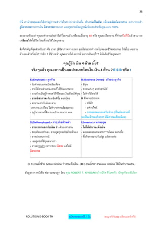 38


ที่นี่ เรามีระบบและวิ ธีการสู่ความสาเร็จในระยะเวลาอันสัน ทางานเป็ นที ม เพื่อผลลัพธ์มหาศาล อย่างรวดเร็ว
                                                       ้
สูอิสรภาพทางการเงิน อิ สรภาพทางเวลา และสุขภาพดีสมบูรณ์แข็งแรงสาหรับคุณ แบบ 100%
  ่

ลองถามตัวเอง? คุณจะทางานประจาไปเรือยๆแล้วเกษียณเมืออายุ 60 หรือ คุณจะเลือกงาน ทีทาแค่ไม่กปีแล้วสามารถ
                                    ่             ่                             ่        ี่
เกษียณได้ทงชีวต โดยทีรายได้ไม่หยุดตาม
          ั้ ิ       ่

สิงทีสาคัญทีสดสาหรับเรา คือ เวลา (มีอสรภาพทางเวลา คุณไม่อยากทางานไปตลอดชีวตหรอกนะ ใช่มย) เคยถาม
  ่ ่       ุ่                        ิ                                          ิ        ั้
ตัวเองแล้วหรือยัง? ว่าอีก 1 ปีขางหน้า คุณอยากได้ อยากมี อยากเป็นอะไร? นี่มนคือชีวตคุณนะ!!
                               ้                                          ั        ิ

                             คุณรู้จก เงิ น 4 ด้าน มัย?
                                    ั                ้
         จริ งๆแล้ว คุณอยากเป็ นคนประเภทไหนใน เงิ น 4 ด้าน ? E S B หรือ I
        E (Employee) - ลูกจ้าง                     B (Business Owner) - เจ้าของธุรกิ จ
        - รับค่าตอบแทนเป็นเงินเดือน                - มีทุน
        - รายได้ตามตาแหน่งงานทีได้รบมอบหมาย
                                   ่ ั             - หาคนเก่งๆ มาทางานให้
        - นายจ้างเป็นผูกาหนดวิถชวตและเงินเดือนให้คุณ
                       ้         ี ีิ              - ไม่ทาก็มรายได้
                                                                 ี
        - ขาดอิ สรภาพ ต้องเซ็นต์ชอ ตอกบัตร
                                    ่ื             B มีหลายประเภท
        - ตกงานเท่ากับล้มละลาย                           - บริษท
                                                               ั
          (ตกงาน 3 เดือน ไม่ต่างจากคนล้มละลาย)           - แฟรนไซน์
        - อยูในวงจรหนี้สน ผ่อนบ้าน ผ่อนรถ ฯลฯ
             ่           ิ                               - การตลาดแบบเครือข่าย (เป็ นช่องทางที่
                                                   จะเป็ นเจ้าของกิ จการ ที่มีความเสี่ ยงน้ อย)
        S (Self-employed) - ทาธุรกิ จส่วนตัว       I (Investor) - นักลงทุน
        - ขายเวลาแลกกับเงิ น จ้างตัวเองทางาน       - ไม่ได้ทางานเพื่อเงิ น
                                                                               ั
        - ชอบคิดเองทาเอง, ควบคุมทุกอย่างด้วยตัวเอง - มองผลตอบแทนจากการปนผล ดอกเบีย        ้
        - ขาดประสบการณ์                            - ซื้อกิจการมาปรับปรุง แล้วขายต่อ
        - เจอคูแข่งทีมทุนหนากว่า
               ่     ่ ี
        - อาจจะทนทา เพราะชอบ อิ สระ แต่ไม่ม ี
        อิ สรภาพ


               ั่                                            ั่
      (E S) คนฝงซ้าย Active Income ทางานเพื่อเงิน , (B I) คนฝงขวา Passive Income ใช้เงินทางานแทน

    ข้อมูลจาก หนังสือ พ่อรวยสอนลูก โดย คุณ ROBERT T. KIYOSAKI (โรเบิรต คิโยซากิ) นักธุรกิจระดับโลก
                                                                     ์




     ROLUTION E-BOOK TH                  สมัครทดลองฟรี 7 วัน            (อนุญาตให้ Copy เปลี่ยนแปลงลิงค์ได้ )
 