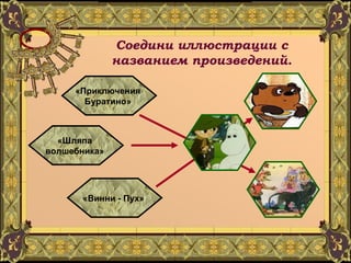 Соедини иллюстрации с названием произведений. «Приключения  Буратино»   «Шляпа  волшебника»   «Винни - Пух»   