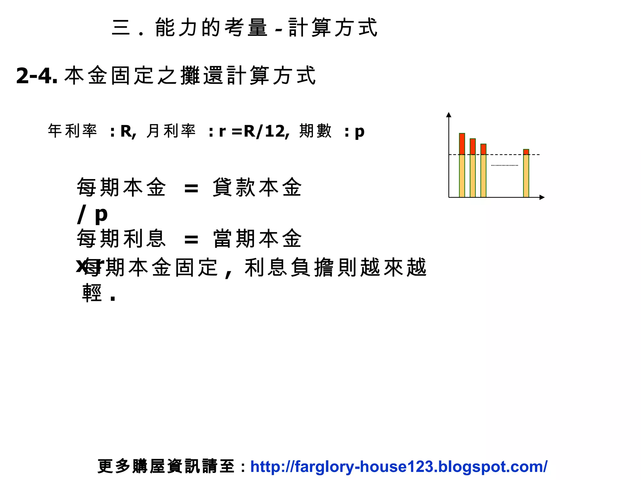 2-4. 本金固定之攤還計算方式 年利率  : R,  月利率  : r =R/12,  期數  : p 每期本金  =  貸款本金  / p 每期利息  =  當期本金  x r 每期本金固定 ,  利息負擔則越來越輕 . 三 .  能力的考量 - 計算方式 更多購屋資訊請至 :  http://farglory-house123.blogspot.com/ 
