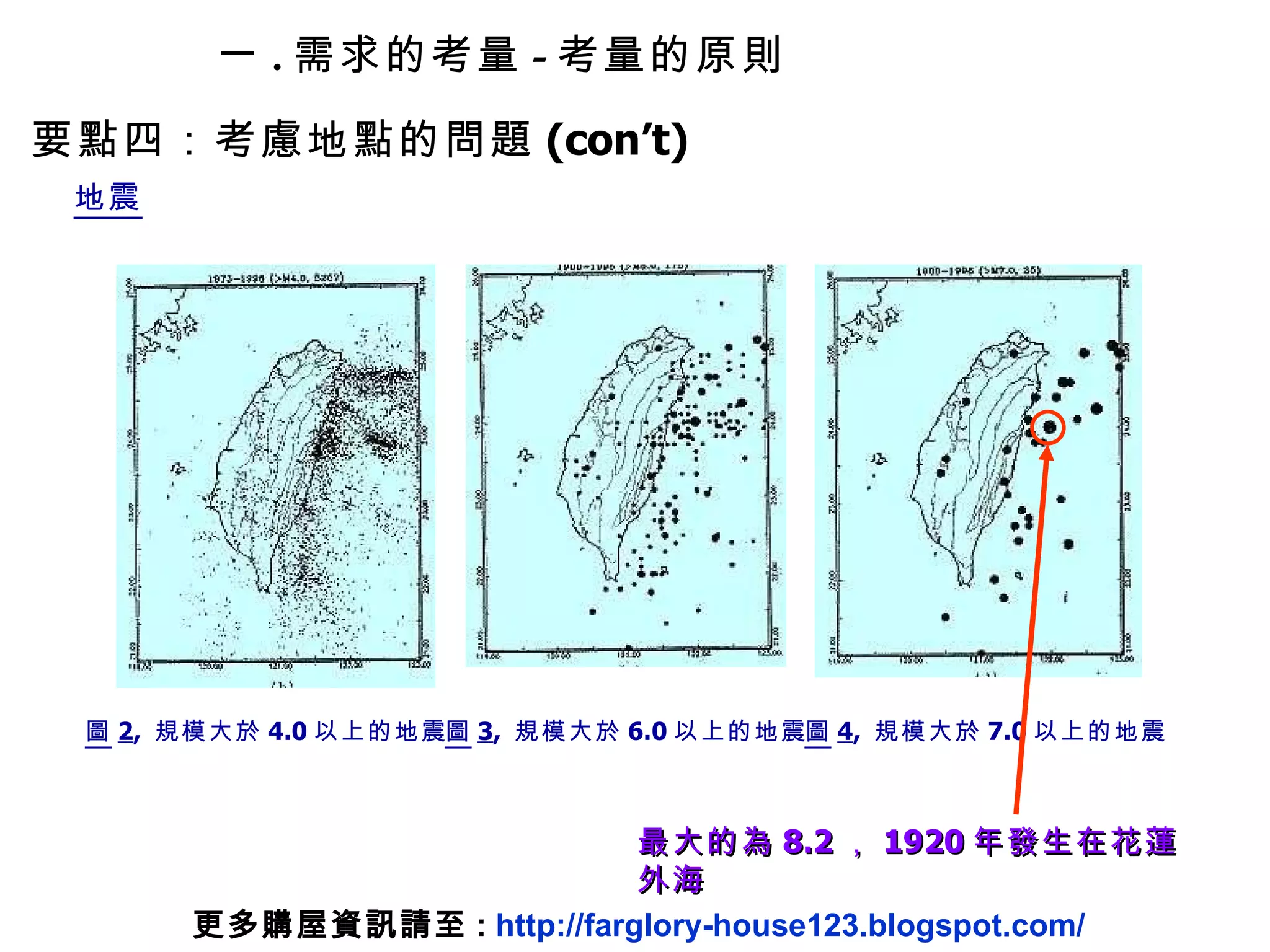 一 . 需求的考量 - 考量的原則 要點四：考慮地點的問題 (con’t) 地震 圖 2 ,  規模大於 4.0 以上的地震 圖 3 ,  規模大於 6.0 以上的地震 圖 4 ,  規模大於 7.0 以上的地震 最大的為 8.2 ， 1920 年發生在花蓮外海 更多購屋資訊請至 :  http://farglory-house123.blogspot.com/ 
