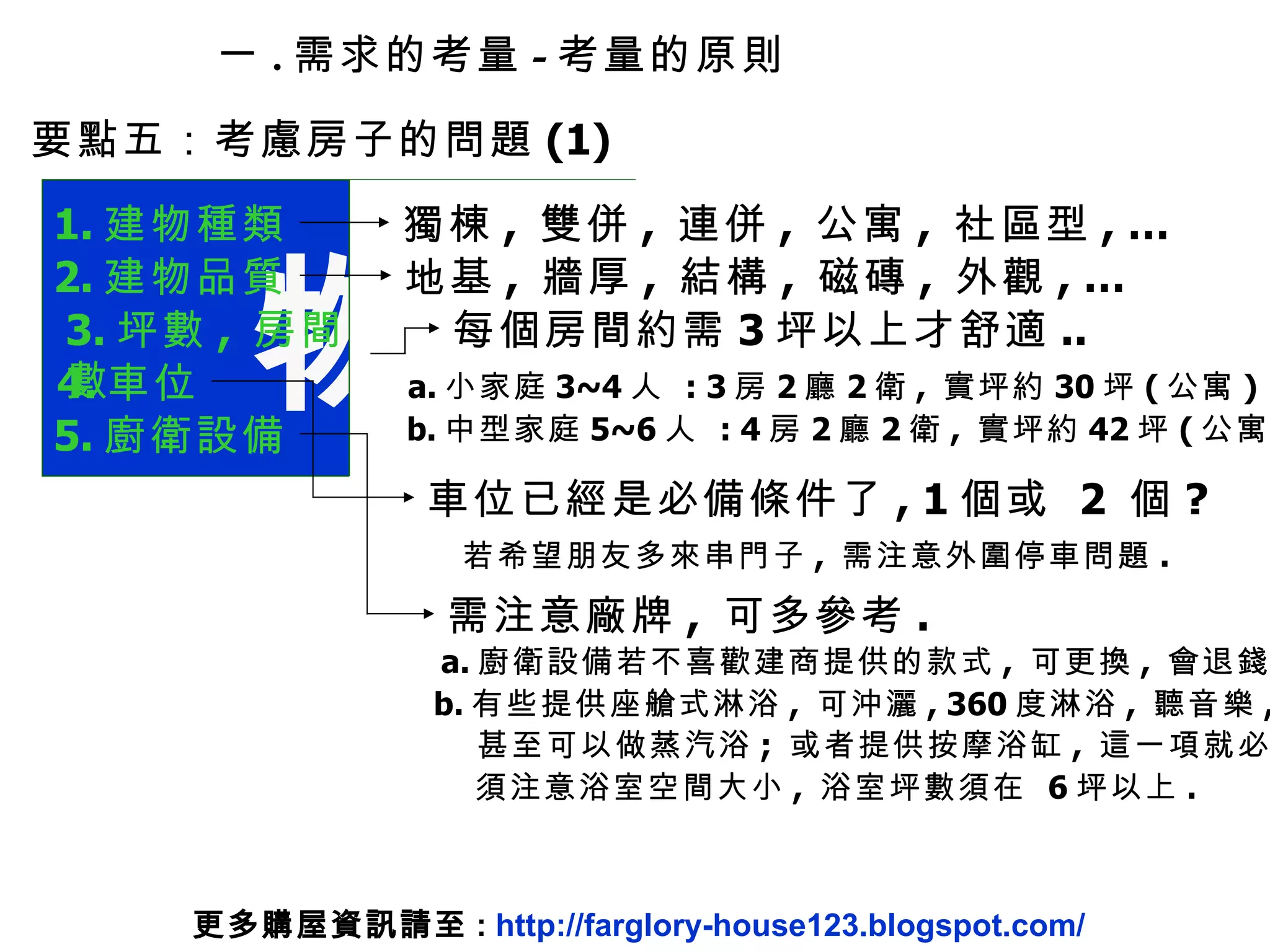 要點五：考慮房子的問題 (1) 物 1. 建物種類 2. 建物品質 3. 坪數 ,  房間數 4. 車位 5. 廚衛設備 獨棟 ,  雙併 ,  連併 ,  公寓 ,  社區型 , … 地基 ,  牆厚 ,  結構 ,  磁磚 ,  外觀 , … 每個房間約需 3 坪以上才舒適 .. 車位已經是必備條件了 , 1 個或  2  個 ? 需注意廠牌 ,  可多參考 . 若希望朋友多來串門子 ,  需注意外圍停車問題 . a. 小家庭 3~4 人  : 3 房 2 廳 2 衛 ,  實坪約 30 坪 ( 公寓 )  b. 中型家庭 5~6 人  : 4 房 2 廳 2 衛 ,  實坪約 42 坪 ( 公寓 )  a. 廚衛設備若不喜歡建商提供的款式 ,  可更換 ,  會退錢 b. 有些提供座艙式淋浴 ,  可沖灑 , 360 度淋浴 ,  聽音樂 ,  甚至可以做蒸汽浴 ;  或者提供按摩浴缸 ,  這一項就必 須注意浴室空間大小 ,  浴室坪數須在  6 坪以上 . 一 . 需求的考量 - 考量的原則 更多購屋資訊請至 :  http://farglory-house123.blogspot.com/ 
