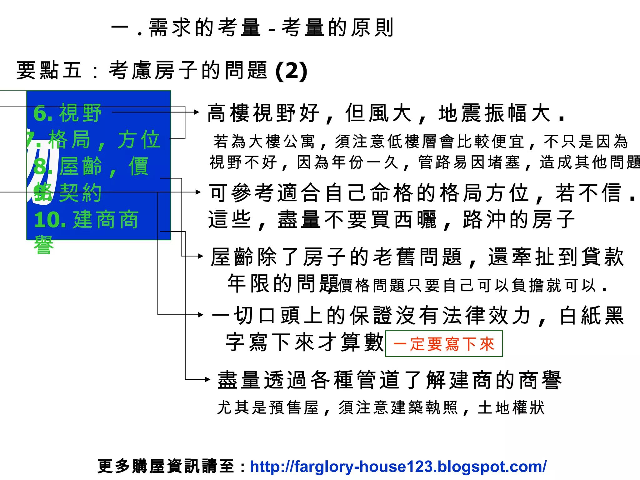 要點五：考慮房子的問題 (2) 物 7. 格局 ,  方位 8. 屋齡 ,  價格 9. 契約 10. 建商商譽 6. 視野 高樓視野好 ,  但風大 ,  地震振幅大 . 若為大樓公寓 ,  須注意低樓層會比較便宜 ,  不只是因為 視野不好 ,  因為年份一久 ,  管路易因堵塞 ,  造成其他問題 可參考適合自己命格的格局方位 ,  若不信 . 這些 ,  盡量不要買西曬 ,  路沖的房子 屋齡除了房子的老舊問題 ,  還牽扯到貸款 年限的問題 , 價格問題只要自己可以負擔就可以 . 一切口頭上的保證沒有法律效力 ,  白紙黑 字寫下來才算數 一定要寫下來 盡量透過各種管道了解建商的商譽 尤其是預售屋 ,  須注意建築執照 ,  土地權狀 一 . 需求的考量 - 考量的原則 更多購屋資訊請至 :  http://farglory-house123.blogspot.com/ 