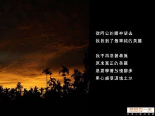 從阿公的眼神望去 我找到了最單純的美麗 我不再急著尋覓 原來真正的美麗 是要學著放慢腳步 用心感受這塊土地 