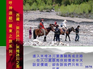 1 1 進入 米堆冰川 要靠騎馬或走路，在入口處跟馬伕殺價老半天談妥價錢，卻告訴我們只有三匹馬。 35/75 . 呼 神 遊 蹤│藏 東 之 旅 系 列 1 西藏：  來古冰川 、 米堆冰川 之美 