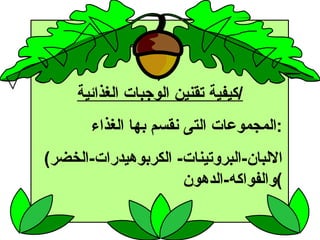 كيفية تقنين الوجبات الغذائية / المجموعات التى نقسم بها الغذاء : ( الالبان - البروتينات -  الكربوهيدرات - الخضر والفواكه - الدهون ) 