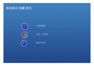 粉丝吸引 招募 技巧




       1     礼尚往来型



      2      知音，共鸣型



      3      死缠烂打型
 