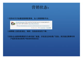 营销状态：
              营销状态：

1.竞争对手开始重视微博客营销，加入到微博客平台；
1.竞争对手开始重视微博客营销，加入到微博客平台；
  竞争对手开始重视微博客营销




2.微博客上面信息混乱，堆积，信息的有效性下降；
2.微博客上面信息混乱，堆积，信息的有效性下降；
  微博客上面信息混乱

3.很多企业都将微博客作为单向推广渠道，并发送过多的推广信息。
3.很多企业都将微博客作为单向推广渠道，并发送过多的推广信息。其实通过微博向用
  很多企业都将微博客作为单向推广渠道
   户滥发信息会使用户取消对你的关注
 