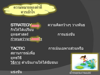STRATEGY  ความคิดกว้างๆ วางพันธกิจให้ได้เปรียบ ยุทธศาสตร์  การแข่งขัน  กำหนดว่าจะทำอะไร TACTIC   การเน้นเฉพาะส่วนหรือสถานการณ์เพื่อ  ยุทธวิธี  กำหนดวิธีการ  ดำเนินงานให้ได้ชัยชนะ    ในการแข่งขัน     ฝ่ายแผนงานและประเมินผล ศบ . ขก ความหมายของคำที่ควรเข้าใจ 