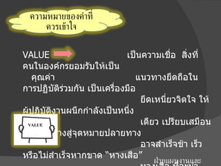 VALUE  เป็นความเชื่อ  สิ่งที่คนในองค์กรยอมรับให้เป็น   คุณค่า  แนวทางยึดถือในการปฏิบัติร่วมกัน เป็นเครื่องมือ   ยึดเหนี่ยวจิตใจ   ให้ผู้ปฏิบัติงานผนึกกำลังเป็นหนึ่ง   เดียว เปรียบเสมือนการเดินทางสู่จุดหมายปลายทาง   อาจสำเร็จช้า เร็ว หรือไม่สำเร็จหากขาด “หางเสือ”   หางเสือ ที่จะนำพันธกิจไปสู่ภาพแห่งอนาคต ฝ่ายแผนงานและประเมินผล ศบ . ขก VALUE ความหมายของคำที่ควรเข้าใจ 