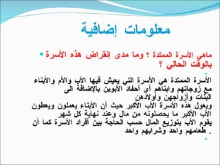 معلومات إضافية  ماهي الأسرة الممتدة ؟  وما مدى إنقراض هذه الأسرة بالوقت الحالي ؟    الأسرة الممتدة هي الأسرة التي يعيش فيها الأب والأم والأبناء مع زوجاتهم وابناهم أي أحفاد الأبوين بالإضافة الى البنات وأزواجهن وأولادهن ويعول هذه الأسرة الأب الأكبر حيث أن الأبناء يعملون ويعطون الأب الأكبر ما يحصلونه من مال وعند نهاية كل شهر   يقوم الأب بتوزيع المال حسب الحاجة بين أفراد الأسرة كما أن طعامهم واحد وشرابهم واحد   . 