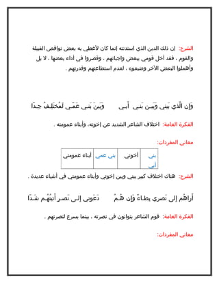 ‫الشرح: إن ذلك الدين الذي استدنته إنما كان لغطي به بعض نواقص القبيلة‬
    ‫والقوم ، فقد أخل قومي ببعض واجباتهم ، وقصروا في أداء بعضها ، ل بل‬
                   ‫وأهملوا البعض الخر وضيعوه ، لعدم استطاعتهم وقدرتهم .‬




 ‫وَبَينَ بَنـي عَمّـي لَمُختَلِـفُ جِـدّا‬     ‫وَإِن الّذي بَيني وَبَيـن بَنـي أَبـي‬

             ‫الفكرة العامة: اختلف الشاعر الشديد عن إخوته، وأبناء عمومته .‬


                                                                  ‫معاني المفردات:‬

                  ‫بني عمي أبناء عمومتي‬           ‫أخوتي‬      ‫بني‬
                                                            ‫أبي‬
‫الشرح: هناك اختلف كبير بيني وبين إخوتي وأبناء عمومتي في أشياء عديدة .‬


‫دَعَوني إِلـى نَصـرٍ أَتيتُهُـم شَـدّا‬      ‫أَراهُم إِلى نَصري بِطـاءً وَإِن هُـمُ‬

        ‫الفكرة العامة: قوم الشاعر يتوانون في نصرته ، بينما يسرع لنصرتهم .‬


                                                                  ‫معاني المفردات:‬
 