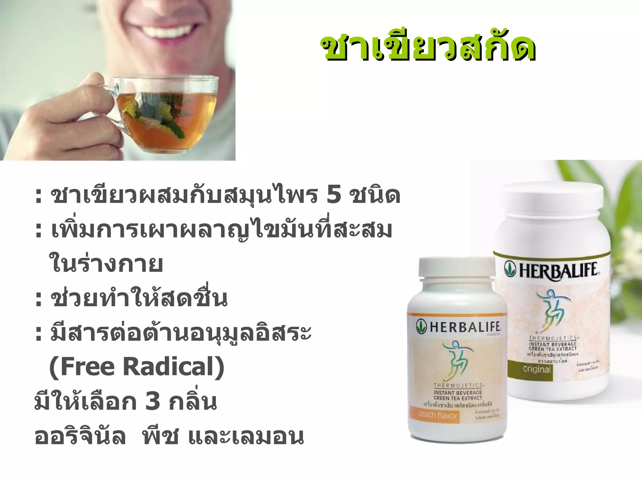 :  ชาเขียวผสมกับสมุนไพร  5  ชนิด  :  เพิ่มการเผาผลาญไขมันที่สะสม ในร่างกาย :  ช่วยทำให้สดชื่น :  มีสารต่อต้านอนุมูลอิสระ  ( Free Radical ) มีให้เลือก  3  กลิ่น ออริจินัล  พีช และเลมอน ชาเขียวสกัด 